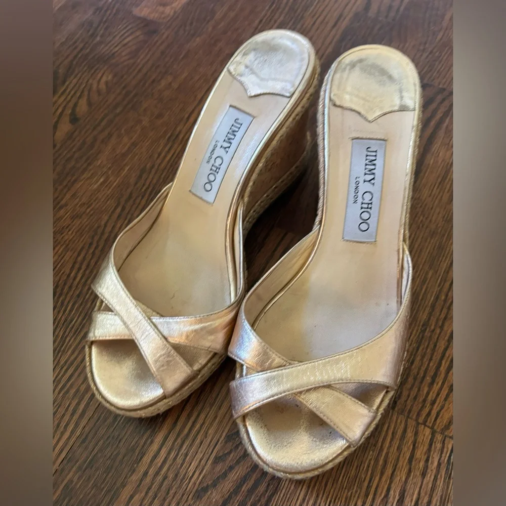 Jimmy Choo Almer Metallic Nappa Leather Wedges Braid Trim in gold, Size 38.5